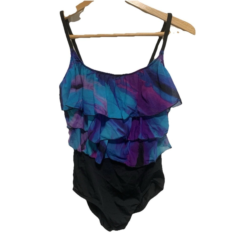 Robby Len One Piece‎ Swimsuit Women 12 Ruffle Tiered Abstract Blue Purple